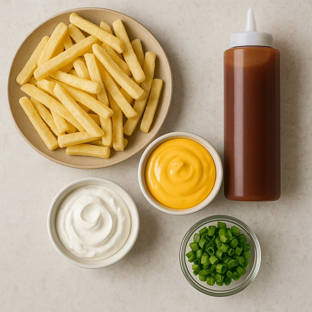 Barbecue Fries Recipe That’s Loaded, Cheesy, and Crave-Worthy 9 Barbecue fries ingredients on kitchen counter