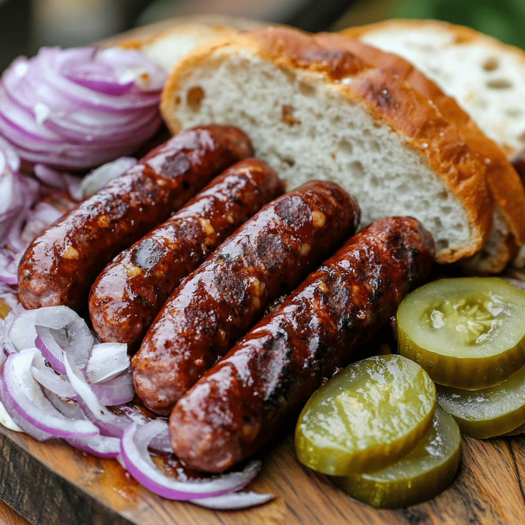 Texas BBQ Sausage Recipe: Bold & Smoky Hot Links That Impress 8 Served Texas BBQ sausage links with pickles and bread