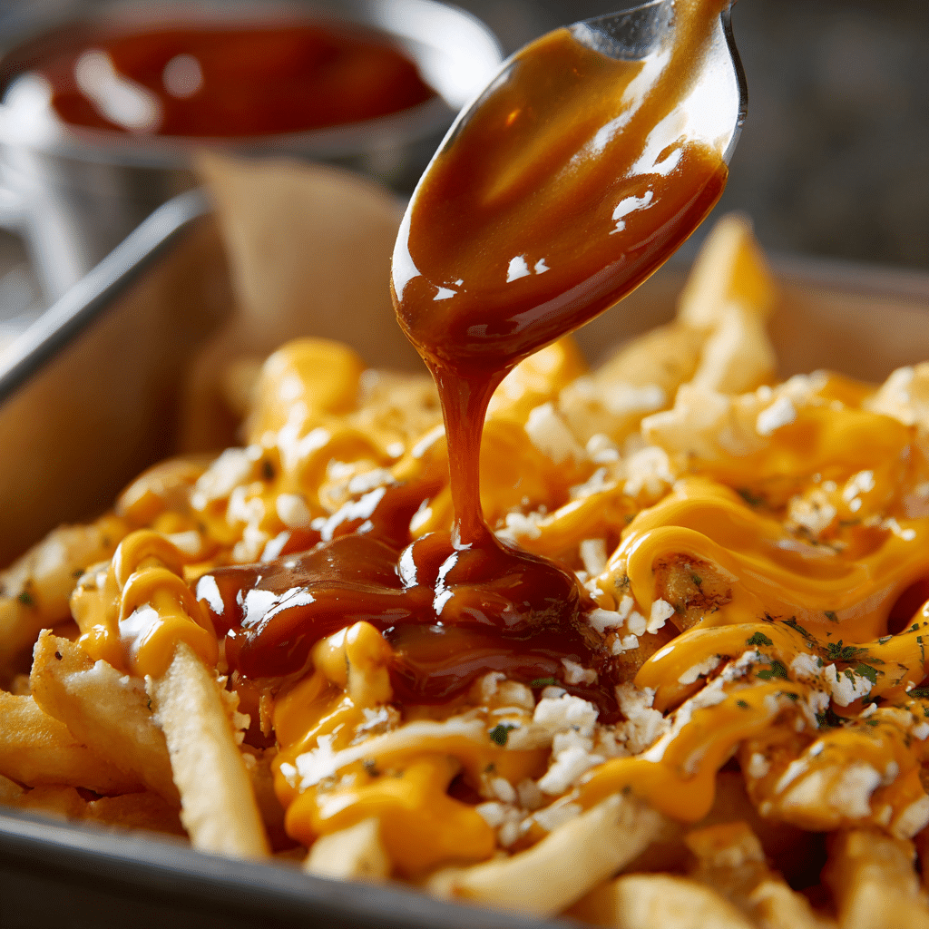 Barbecue Fries Recipe That’s Loaded, Cheesy, and Crave-Worthy 11 Pouring cheese and BBQ sauce on fries