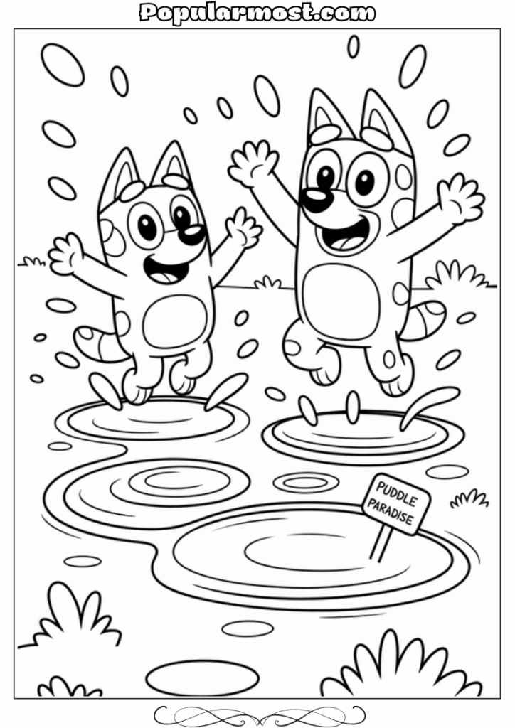 bluey coloring pages 1-Bluey-jumping-in-muddy-puddles-with-Bingo-Bluey-Coloring-Pages