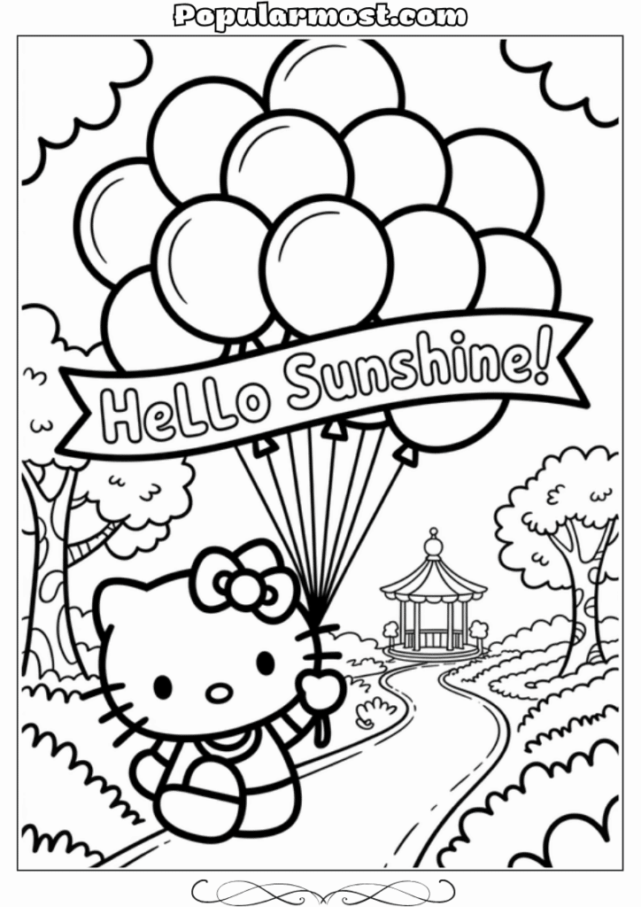 hello kitty coloring pages 1-Hello-Kitty-Coloring-Pages-–-Hello-Kitty-holding-a-bunch-of-balloons-in-a-park