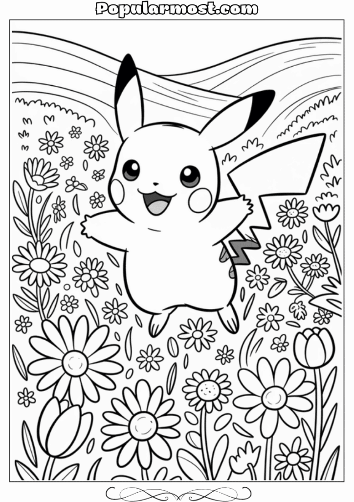 pokemon coloring pages 1-Pokemon-Coloring-Pages-Pikachu-jumping-in-a-field-of-flowers