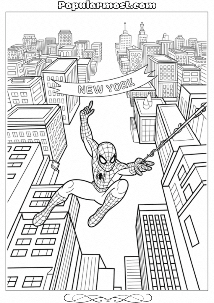 spiderman coloring pages 1-Spiderman-Coloring-Pages-Spider-Man-swinging-between-skyscrapers-with-a-cityscape-background