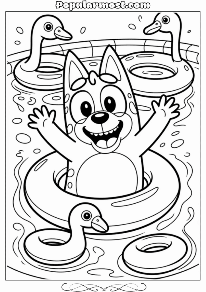 bluey coloring pages 10-Bluey-splashing-in-the-pool-with-floaties-Bluey-Coloring-Pages