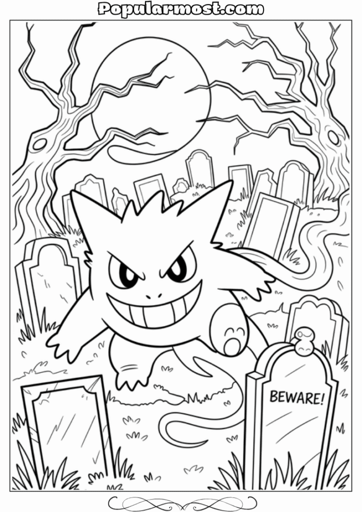 pokemon coloring pages 10-Pokemon-Coloring-Pages-Gengar-lurking-in-a-spooky-graveyard