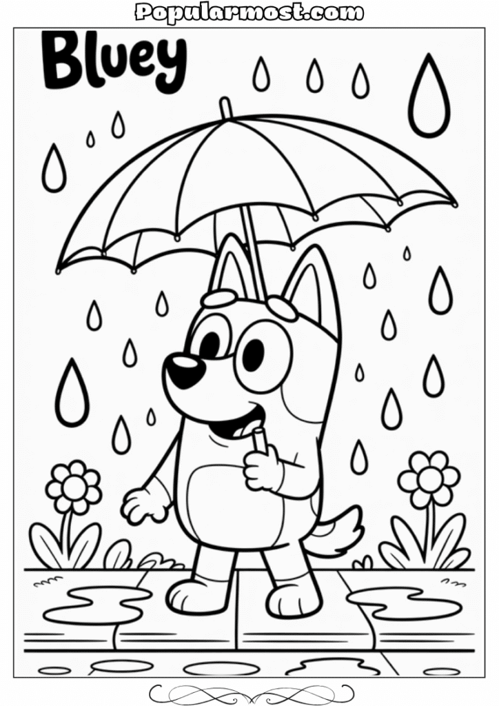 bluey coloring pages 11-Bluey-holding-an-umbrella-in-the-rain-Bluey-Coloring-Pages