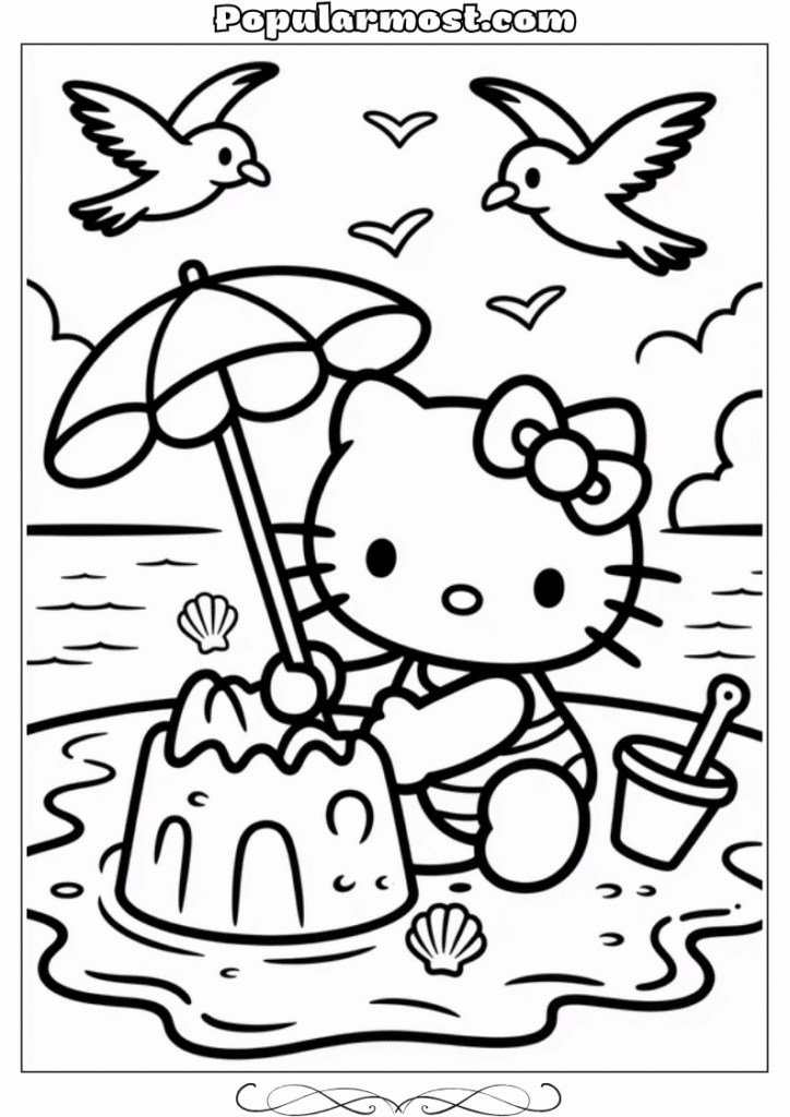 hello kitty coloring pages 11-Hello-Kitty-Coloring-Pages-–-Hello-Kitty-at-the-beach-with-a-sandcastle-and-umbrella