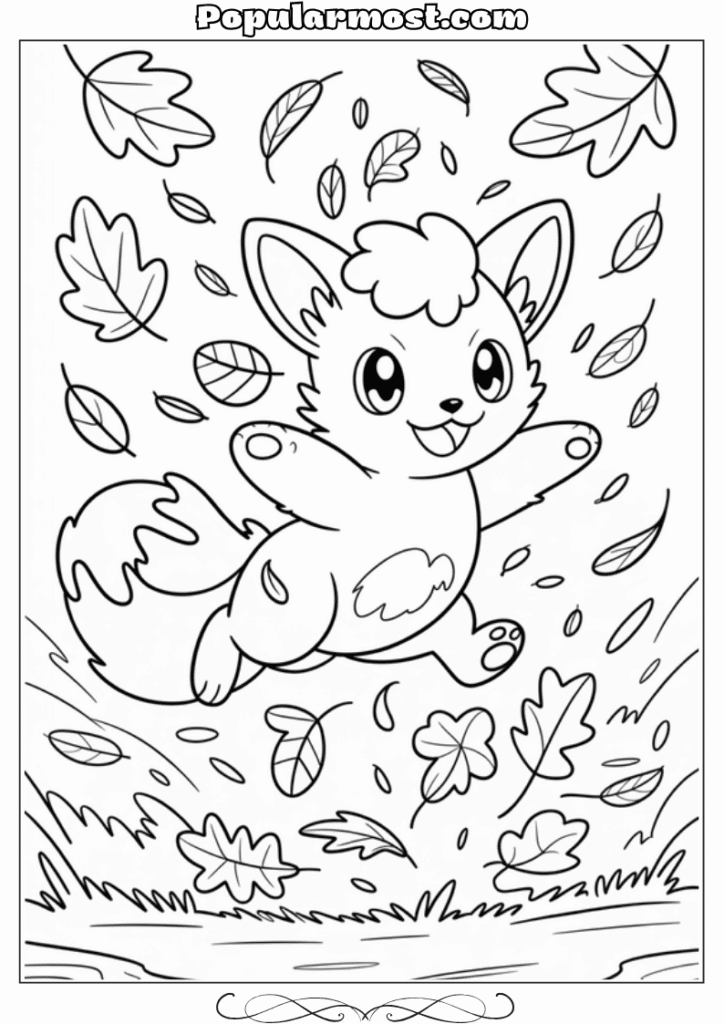 pokemon coloring pages 11-Pokemon-Coloring-Pages-Vulpix-playing-with-falling-autumn-leaves