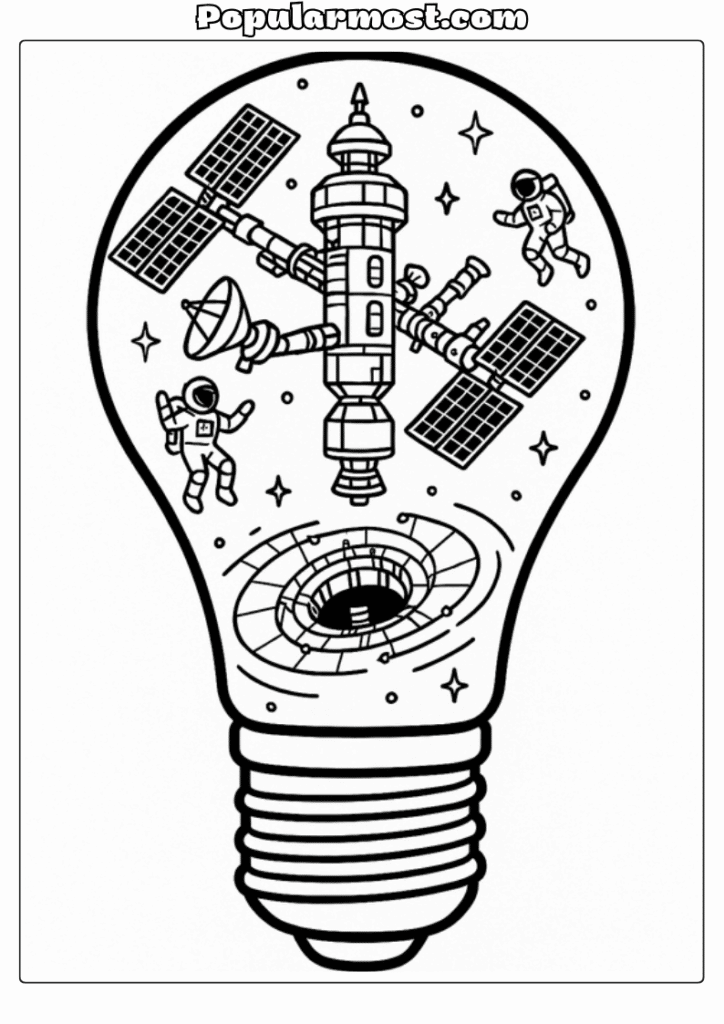 Light bulb galaxy art Coloring pages 11-Space-Station-Light-Bulb-Galaxy-Coloring-Page