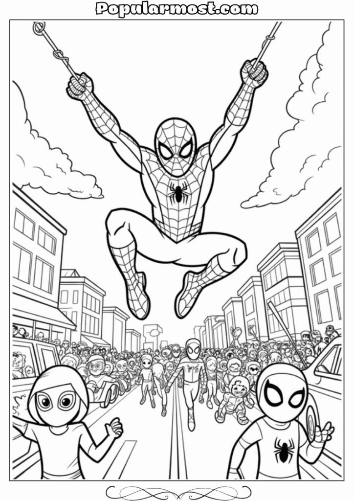 spiderman coloring pages 11-Spiderman-Coloring-Pages-Spider-Man-swinging-over-a-crowd-during-a-parade