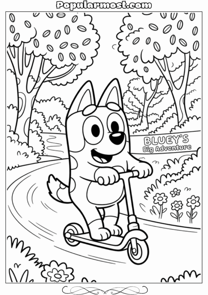 bluey coloring pages 12-Bluey-riding-a-scooter-in-the-park-Bluey-Coloring-Pages