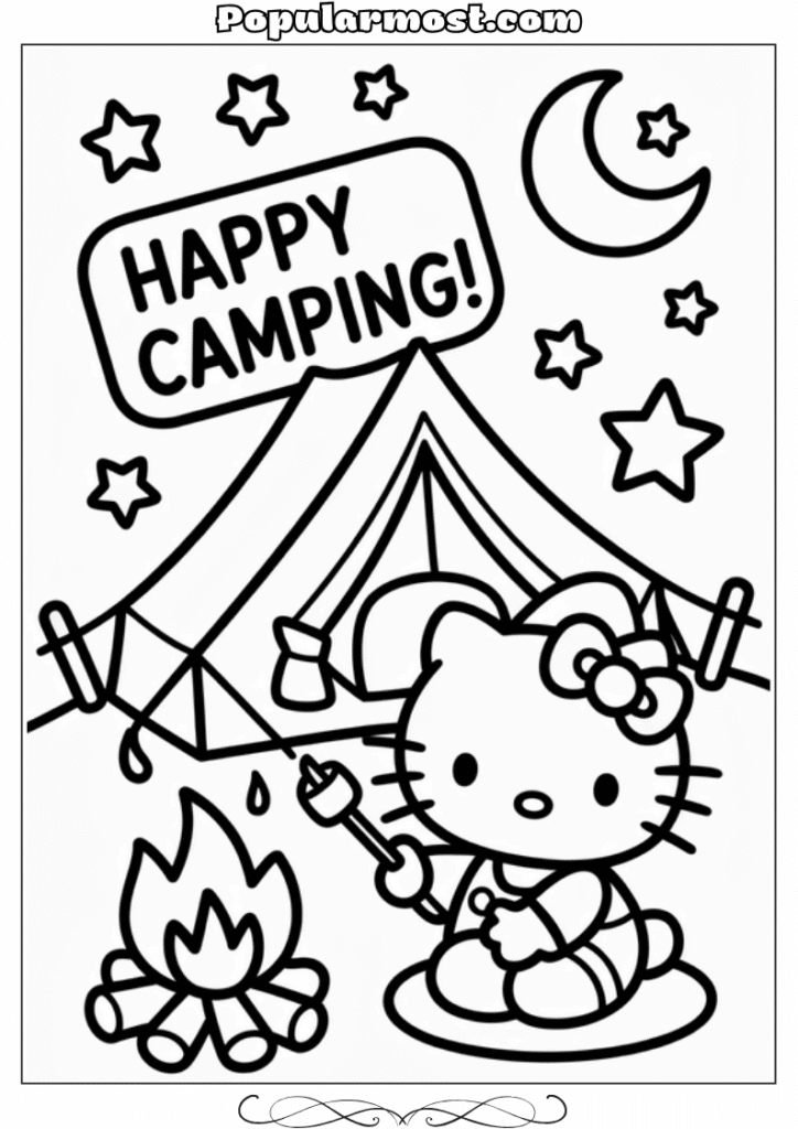 hello kitty coloring pages 12-Hello-Kitty-Coloring-Pages-–-Hello-Kitty-camping-under-the-stars-with-a-tent