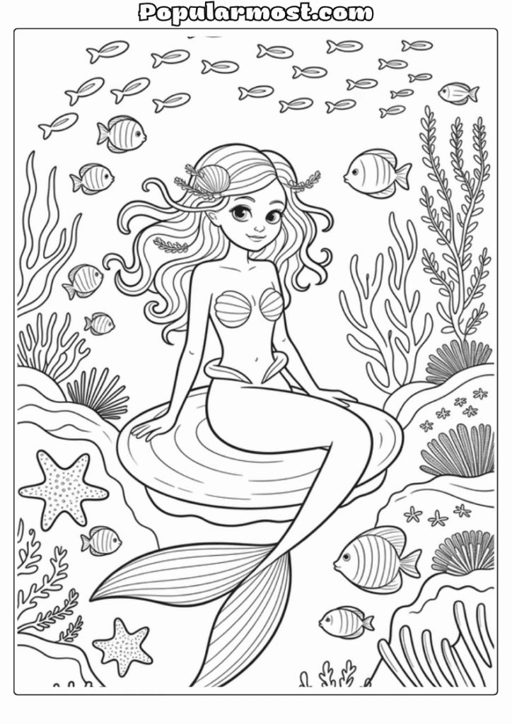 Ocean Coloring Page 12-Ocean-Coloring-Page-Mermaid-on-Seashell
