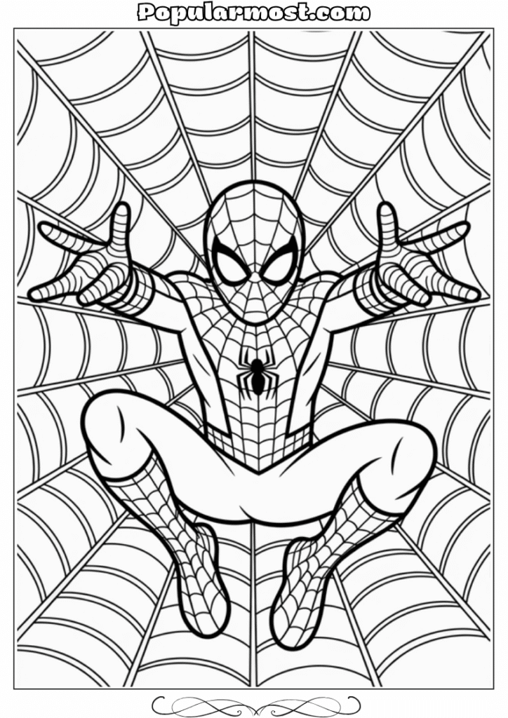 spiderman coloring pages 12-Spiderman-Coloring-Pages-Spider-Man-with-a-giant-web-in-the-background