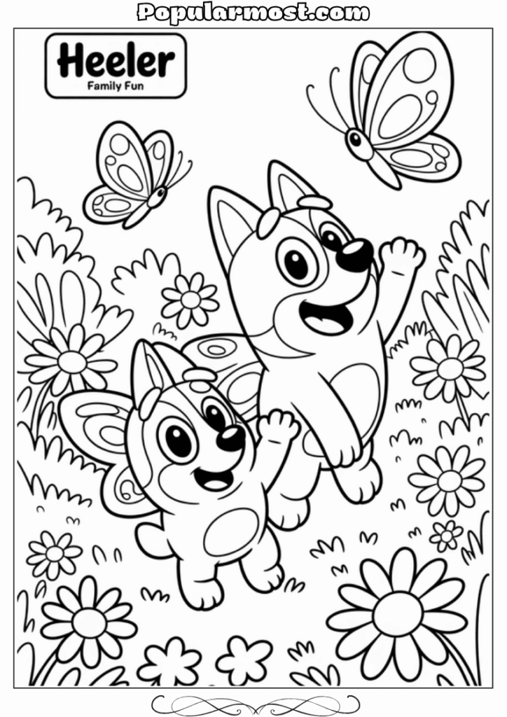 bluey coloring pages 13-Bluey-and-Bingo-catching-butterflies-in-a-garden-Bluey-Coloring-Pages