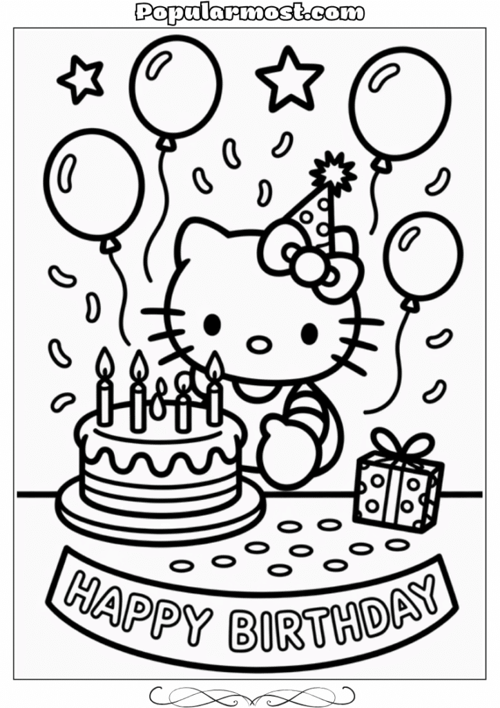 hello kitty coloring pages 13-Hello-Kitty-Coloring-Pages-–-Hello-Kitty-celebrating-her-birthday-with-cake-and-balloons