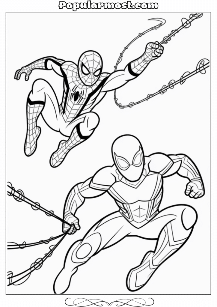 spiderman coloring pages 13-Spiderman-Coloring-Pages-Spider-Man-swinging-alongside-another-superhero