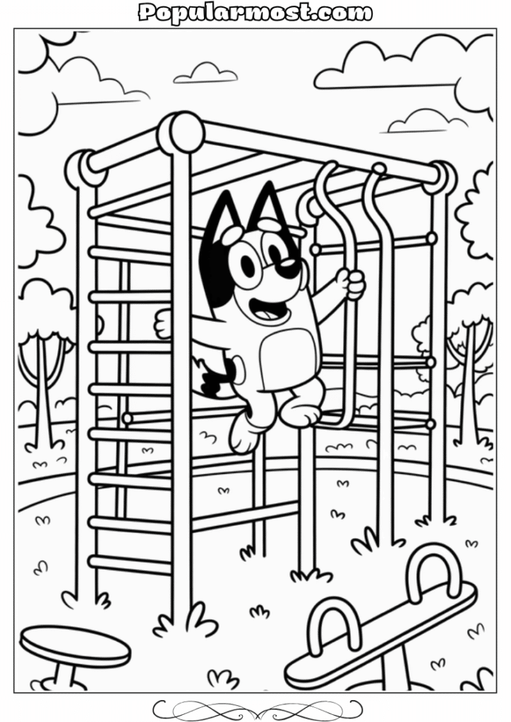 bluey coloring pages 15-Bluey-climbing-a-jungle-gym-at-the-playground-Bluey-Coloring-Pages