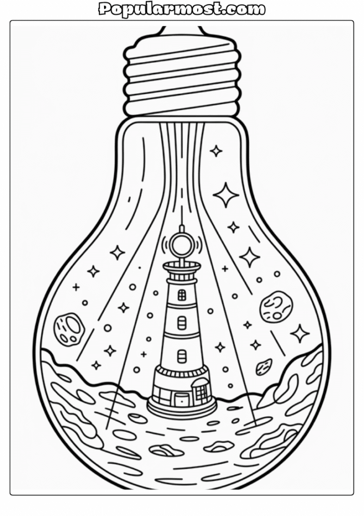 Light bulb galaxy art Coloring pages 15-Cosmic-Lighthouse-Light-Bulb-Galaxy-Coloring-Page