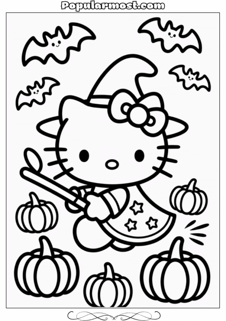 hello kitty coloring pages 15-Hello-Kitty-Coloring-Pages-–-Hello-Kitty-dressed-in-a-Halloween-costume-with-pumpkins