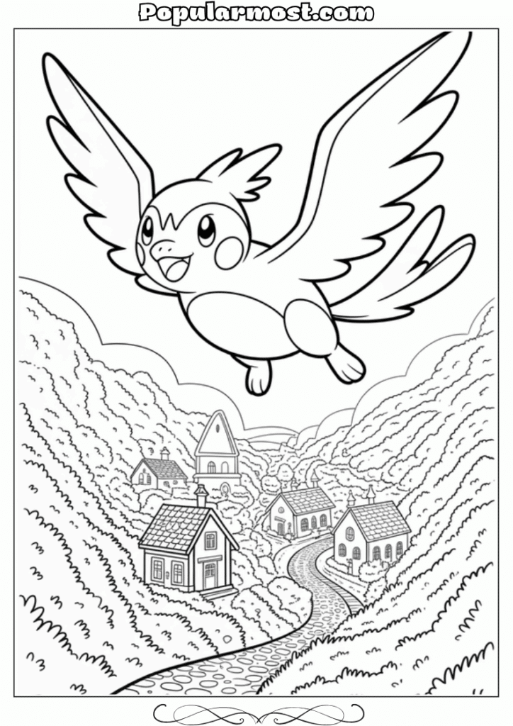 pokemon coloring pages 15-Pokemon-Coloring-Pages-Pidgey-flying-above-a-peaceful-village