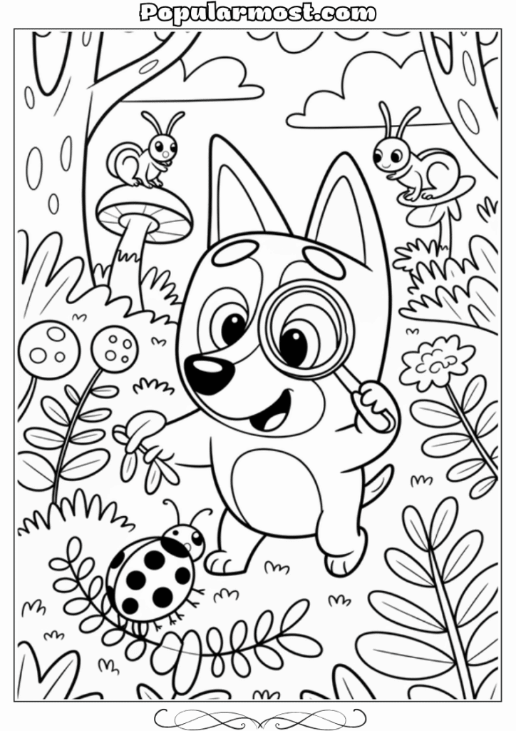 bluey coloring pages 16-Bluey-exploring-a-forest-with-a-magnifying-glass-Bluey-Coloring-Pages