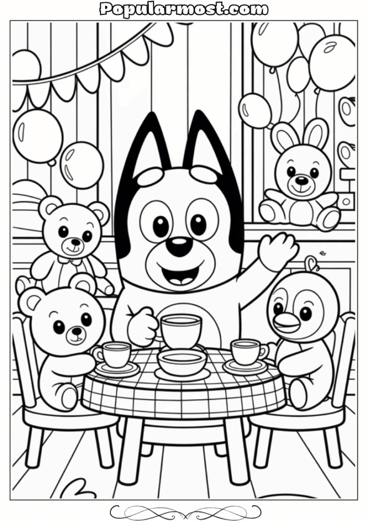 bluey coloring pages 17-Bluey-having-a-tea-party-with-her-toys-Bluey-Coloring-Pages