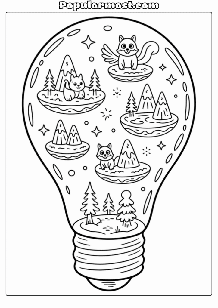 Light bulb galaxy art Coloring pages 17-Floating-Cosmic-Islands-Light-Bulb-Galaxy-Coloring-Page