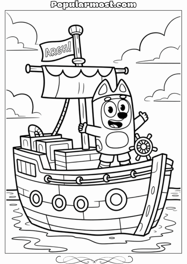 bluey coloring pages 19-Bluey-dressed-as-a-pirate-on-a-cardboard-ship-Bluey-Coloring-Pages