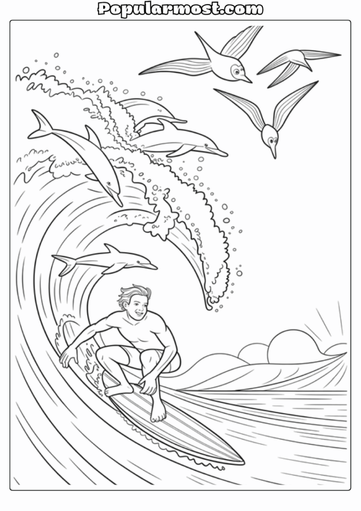 Ocean Coloring Page 19-Ocean-Coloring-Page-Surfer-and-Dolphins