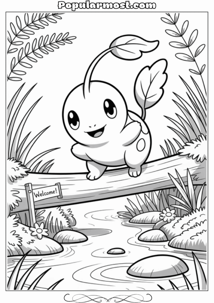 pokemon coloring pages 19-Pokemon-Coloring-Pages-Chikorita-balancing-on-a-log-over-a-stream
