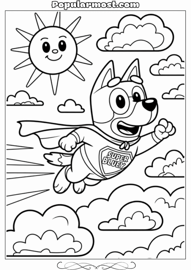 bluey coloring pages 2-Bluey-dressed-as-a-superhero-flying-through-the-sky-Bluey-Coloring-Pages