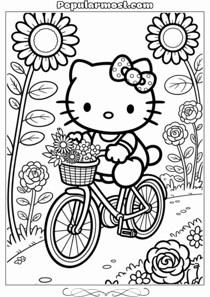 hello kitty coloring pages 2-Hello-Kitty-Coloring-Pages-–-Hello-Kitty-riding-a-bicycle-with-a-basket-of-flowers