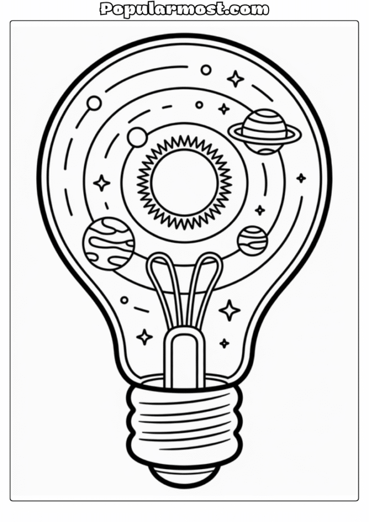 Light bulb galaxy art Coloring pages 2-Planetary-System-Light-Bulb-Galaxy-Coloring-Page