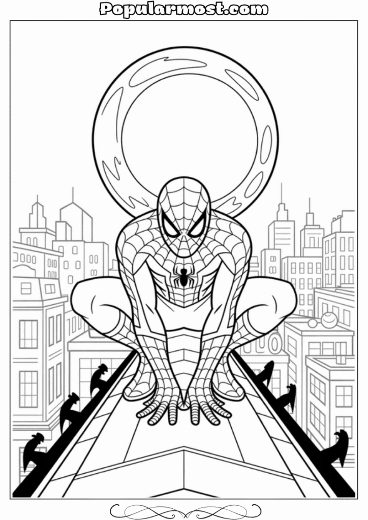 spiderman coloring pages 2-Spiderman-Coloring-Pages-Spider-Man-crouching-on-a-rooftop-at-night-moon-in-the-background