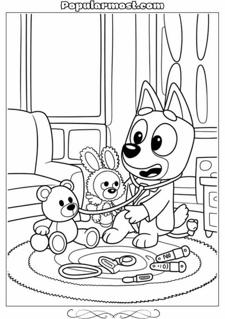 bluey coloring pages 20-Bluey-playing-doctor-with-her-stuffed-animals-Bluey-Coloring-Pages