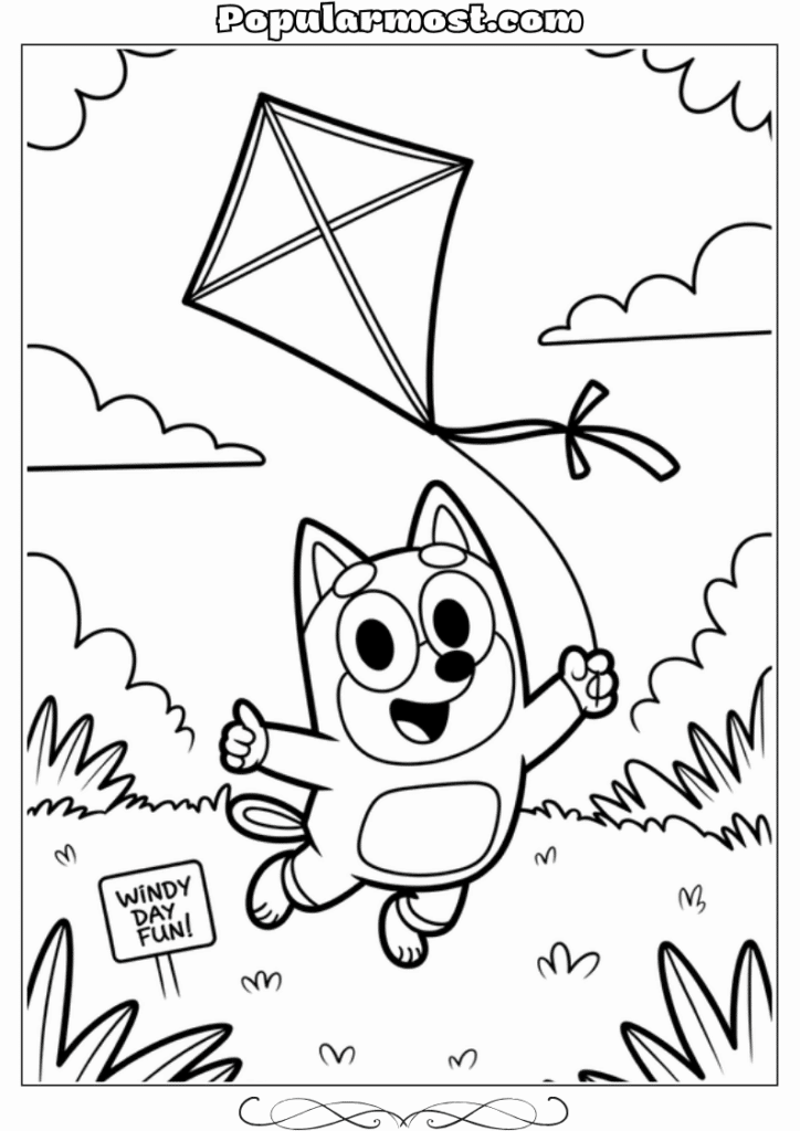 bluey coloring pages 21-Bluey-flying-a-kite-on-a-windy-day-Bluey-Coloring-Pages