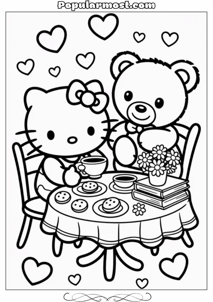hello kitty coloring pages 21-Hello-Kitty-Coloring-Pages-–-Hello-Kitty-having-tea-with-a-teddy-bear