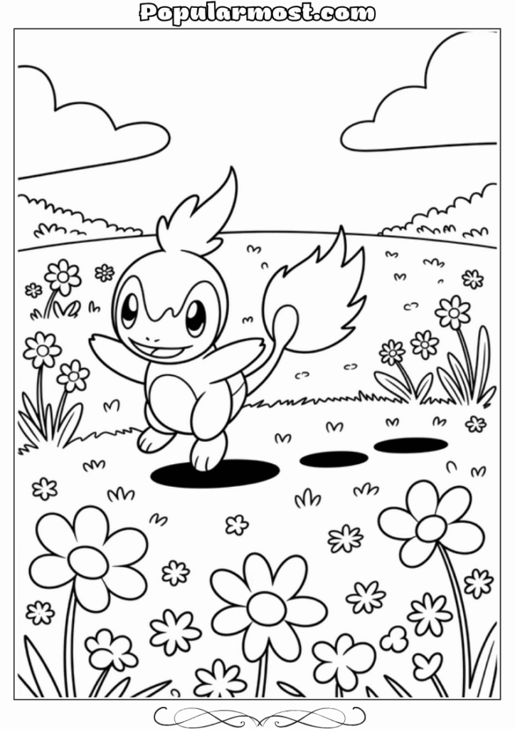 pokemon coloring pages 21-Pokemon-Coloring-Pages-Torchic-chasing-its-shadow-in-a-sunny-field