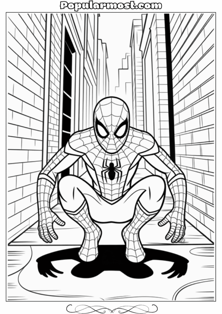 spiderman coloring pages 21-Spiderman-Coloring-Pages-Spider-Man-hiding-in-the-shadows-of-an-alleyway