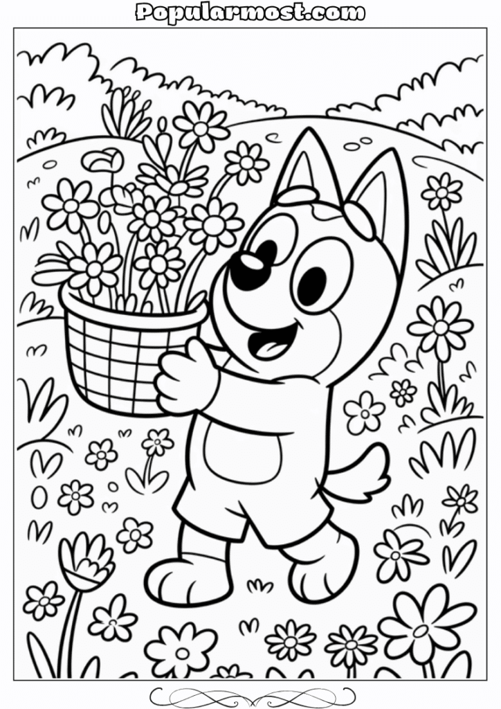 bluey coloring pages 22-Bluey-picking-flowers-in-a-sunny-meadow-Bluey-Coloring-Pages