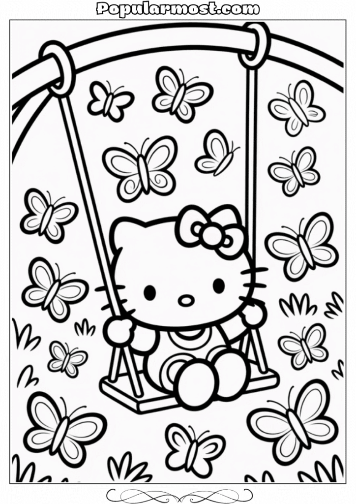 hello kitty coloring pages 22-Hello-Kitty-Coloring-Pages-–-Hello-Kitty-on-a-swing-with-butterflies-around