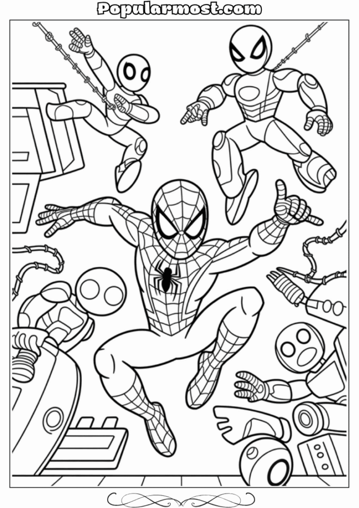 spiderman coloring pages 22-Spiderman-Coloring-Pages-Spider-Man-fighting-off-a-gang-of-robots