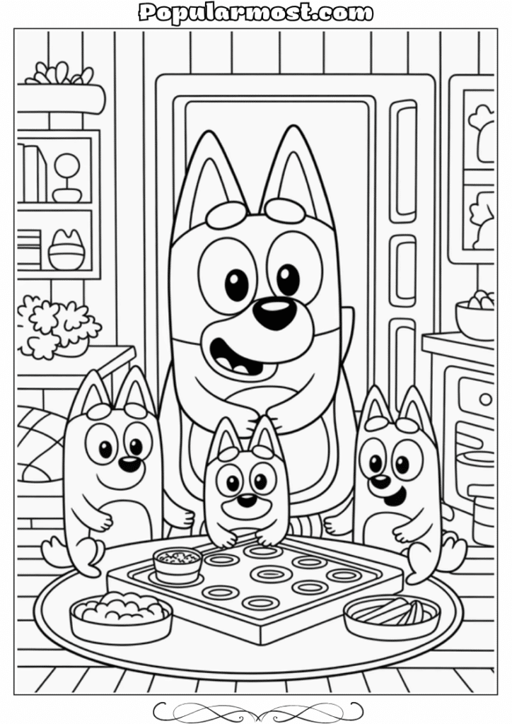 bluey coloring pages 23-Bluey-and-her-family-enjoying-a-cozy-evening-indoors-with-board-games-and-snacks-Bluey-Coloring-Pages