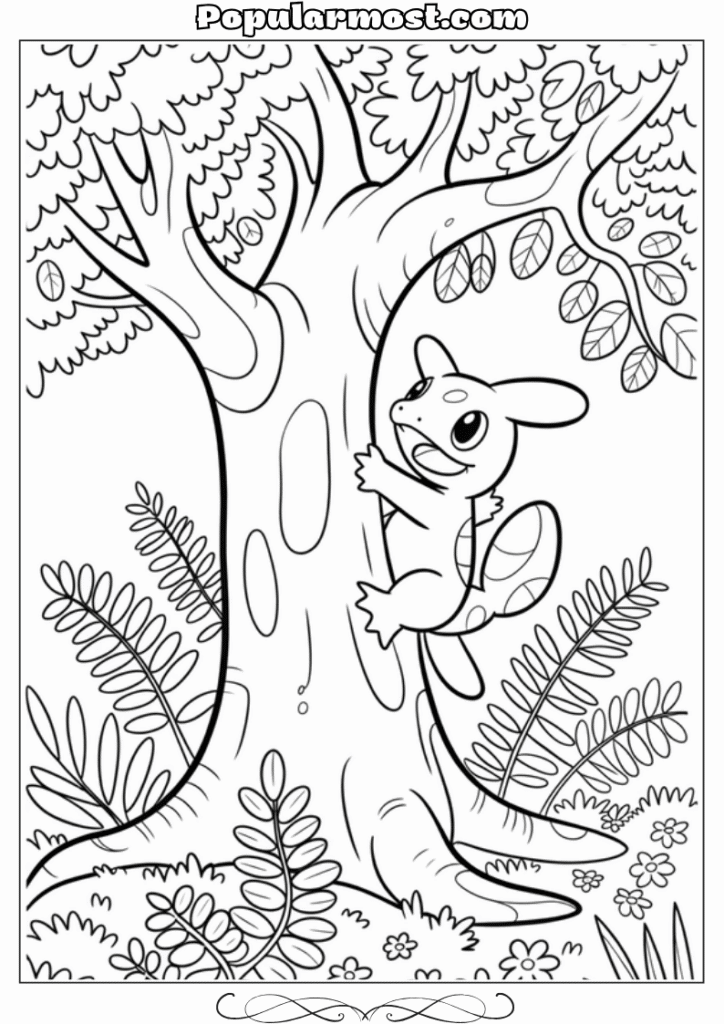 pokemon coloring pages 23-Pokemon-Coloring-Pages-Treecko-climbing-a-tree-in-the-forest