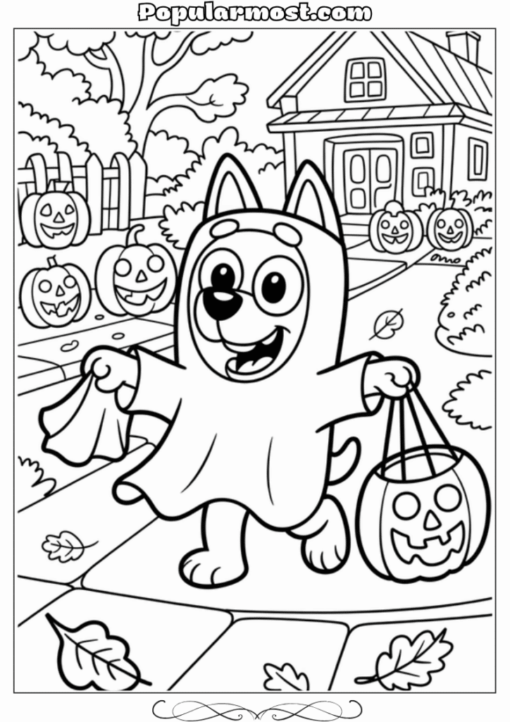 bluey coloring pages 24-Bluey-in-a-Halloween-costume-trick-or-treating-Bluey-Coloring-Pages