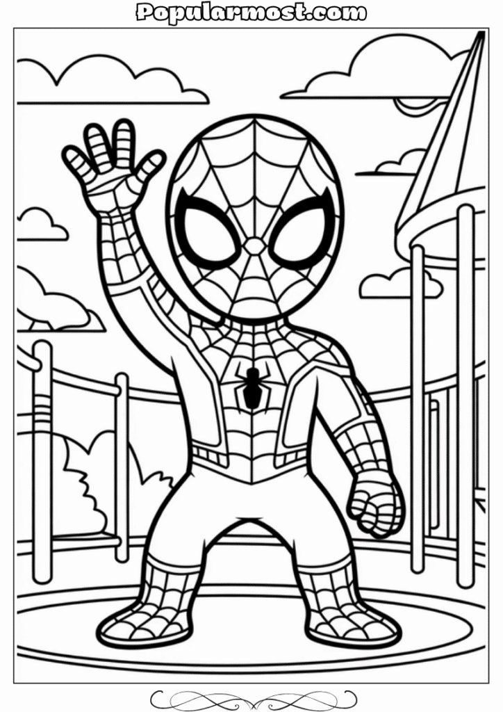 spiderman coloring pages 24-Spiderman-Coloring-Pages-A-superhero-waving-to-kids-in-a-playground