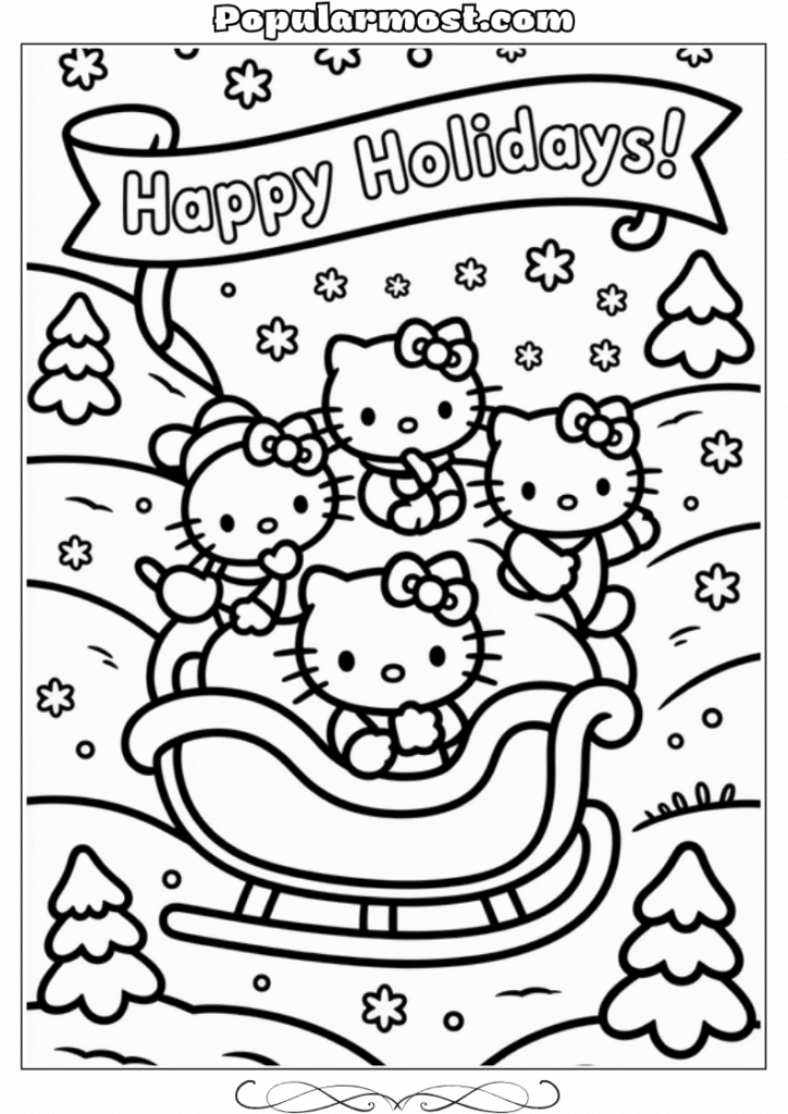 hello kitty coloring pages 25-Hello-Kitty-Coloring-Pages-–-Hello-Kitty-on-a-sleigh-ride-with-friends