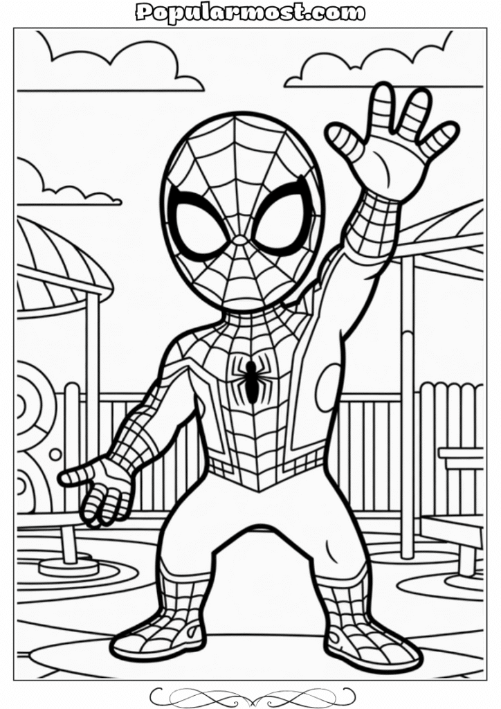 spiderman coloring pages 25-Spiderman-Coloring-Pages-Spider-Man-waving-to-children-in-a-playground