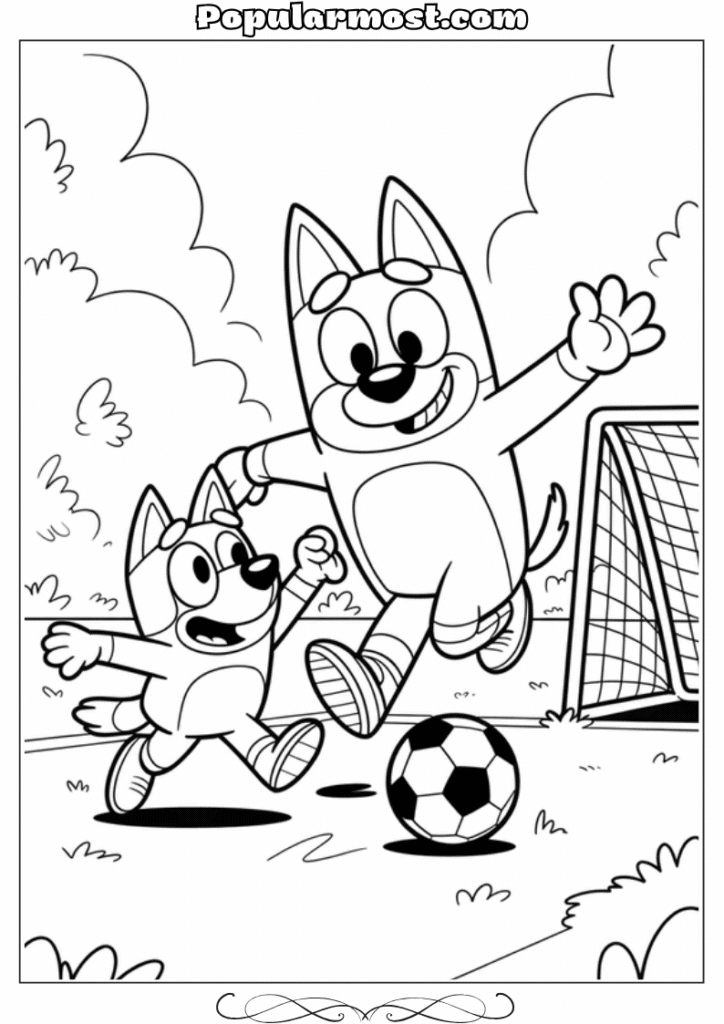 bluey coloring pages 26-Bluey-playing-soccer-with-her-dad-Bluey-Coloring-Pages